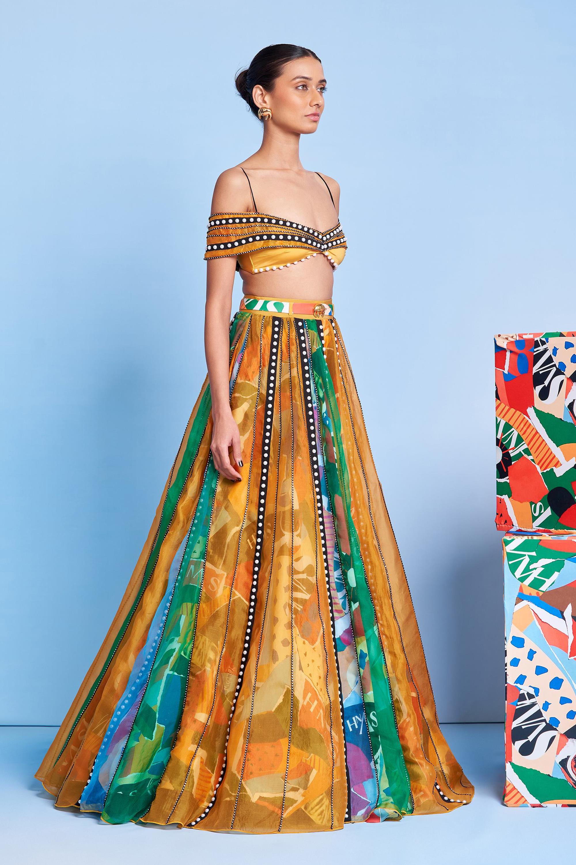 Légèrmash Panelled Lehenga with Rhinestone Off-Shoulder Blouse