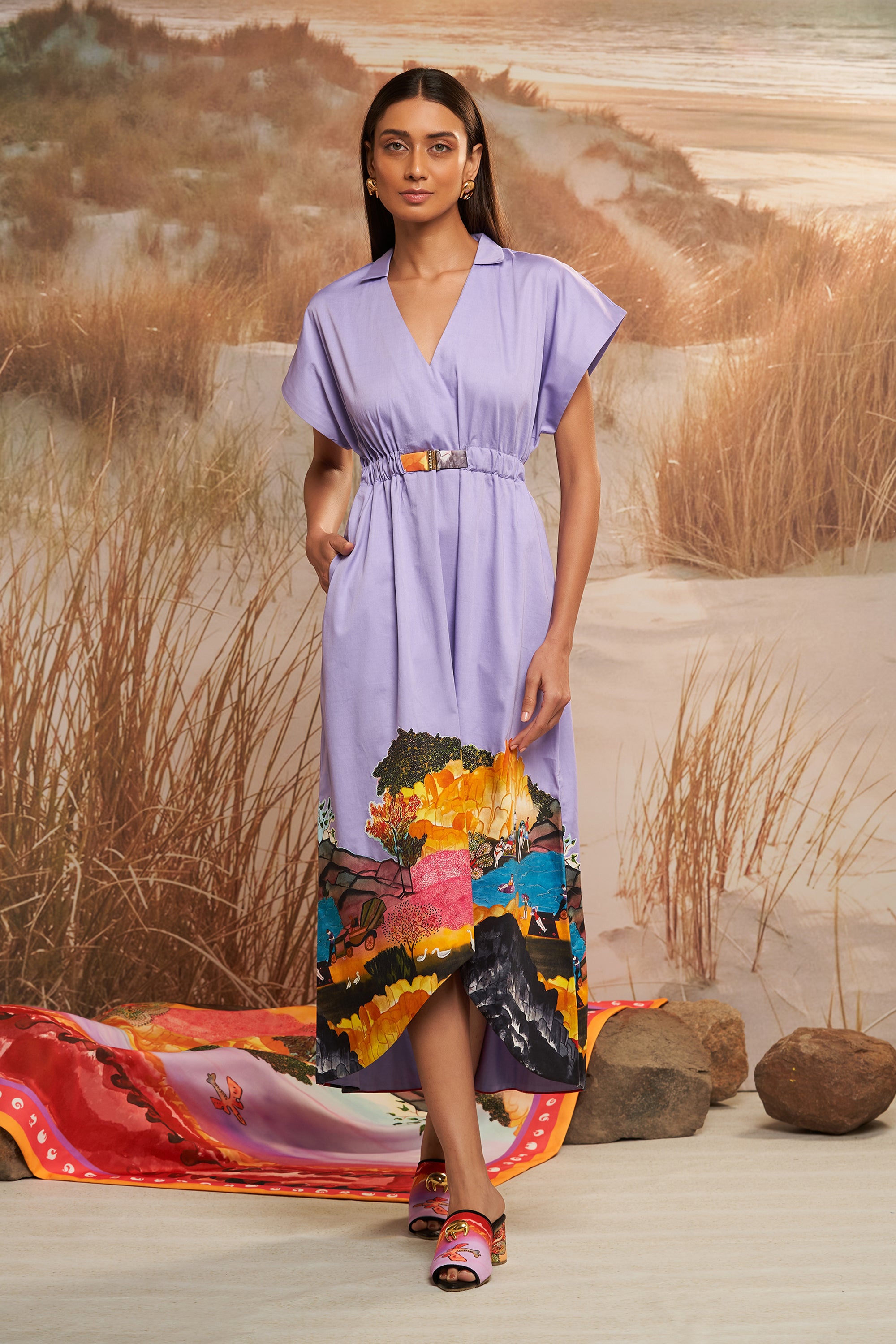 Lavender & Solscape Asymmetrical Midi Dress available only at Shivan and Narresh SHIVAN & NARRESH Lavender & Solscape Asymmetrical Midi Dress available only at Shivan and Narresh SHIVAN & NARRESH