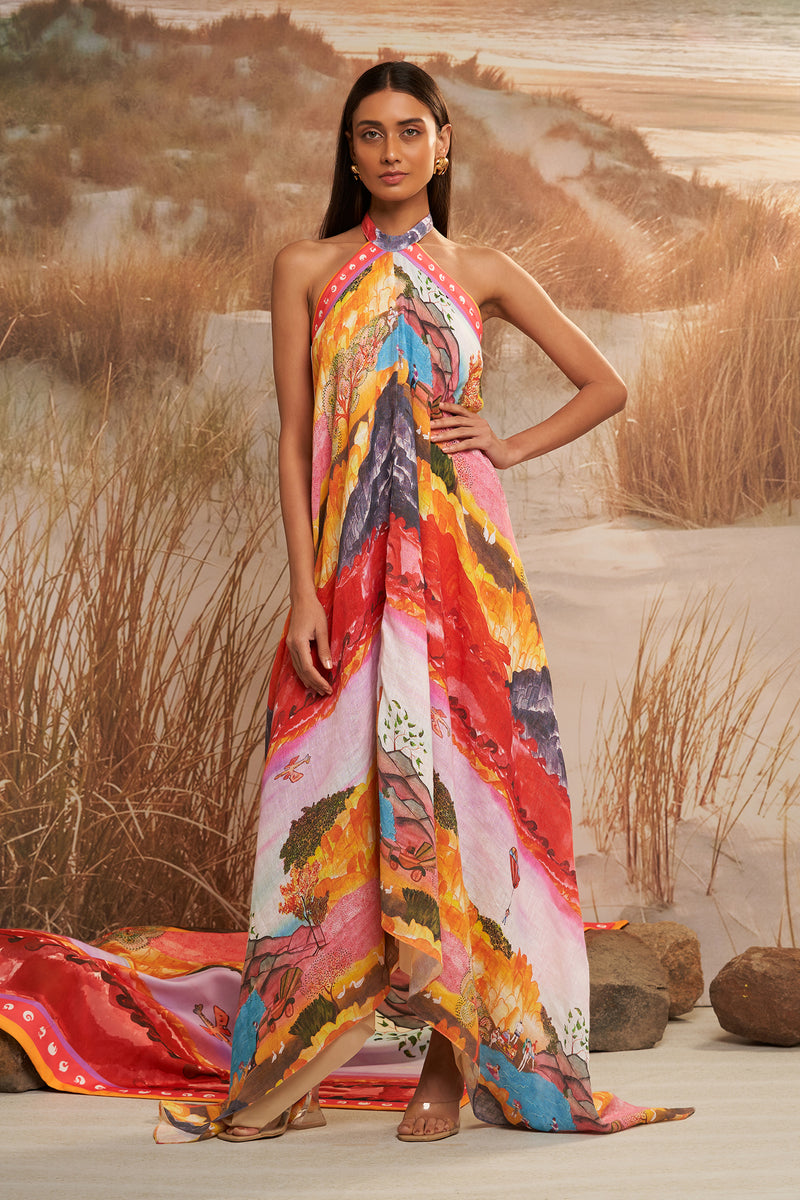 Shivan & Narresh Solscape Asymmetrical Dress; Multicolor; Women Resort Wear; Printed Dress;
