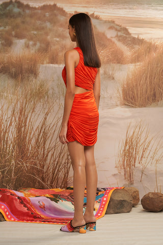 Shivan & Narresh Solscape One-shoulder Dress; Orange color; Women Resort Wear; Cut-out Dress;
