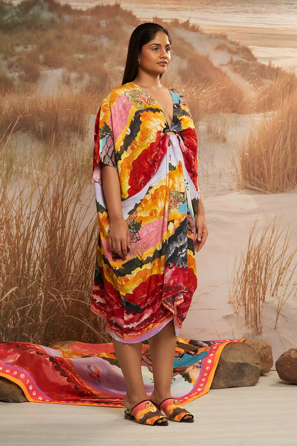 Shivan & Narresh Solscape Draped Kaftan; Multicolor; Women Resort Wear; Kaftan Dress; Printed Kaftan;