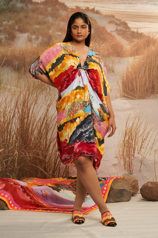 Shivan & Narresh Solscape Draped Kaftan; Multicolor; Women Resort Wear; Kaftan Dress; Printed Kaftan;