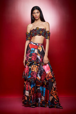 Shivan & Narresh Zoolostamp Embroidered Black Bustier; Multicolor; Stitched Blouse;