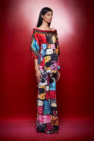 Shivan & Narresh Zoolostamp Iconoscarf Jumpsuit; Multicolor; Women Resort wear; Women jumpsuit; Printed Jumpsuit; Off Shoulder Jumpsuit