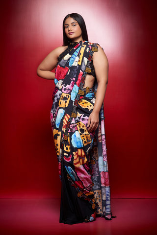 Shivan & Narresh Zoolostamp Zoololace Sari; Multicolor; Printed Saree; Pre-draped Sari
