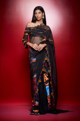Shivan & Narresh Zoolostamp Black Sari with Bustier; Multicolor; Printed Saree with Blouse; Ethnic Sari; Pre-draped Sari;