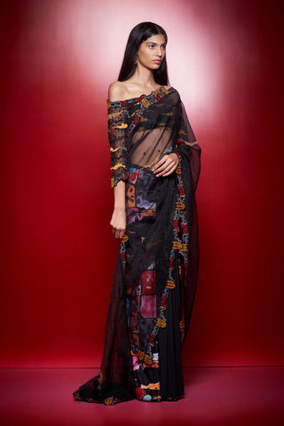 Shivan & Narresh Zoolostamp Black Sari with Bustier; Multicolor; Printed Saree with Blouse; Ethnic Sari; Pre-draped Sari;