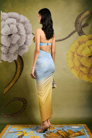 Ombre Draped Gown with Floral Applique