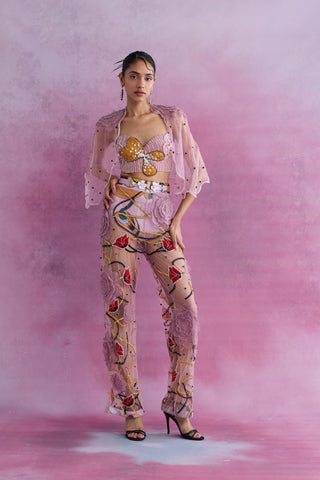 Shivan & Narresh Petaline Embellished Bustier; Florain Print; Multicolor; Women Resort Wear; Embroidered Blouse; Pink Colour; 