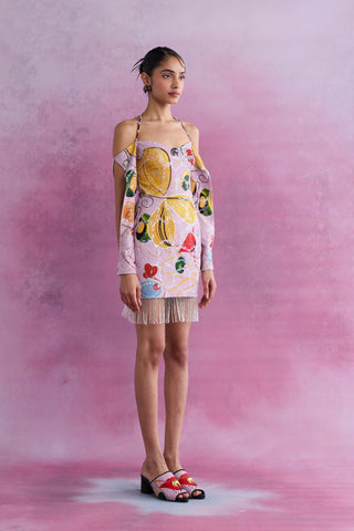 Shivan & Narresh Florain Embellished Halter Dress; Florain Print; Multicolor; Women Resort Wear; Holiday Wear; Embellised Dress;