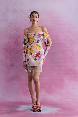Shivan & Narresh Florain Embellished Halter Dress; Florain Print; Multicolor; Women Resort Wear; Holiday Wear; Embellised Dress;