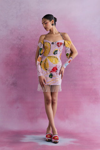 Shivan & Narresh Florain Embellished Halter Dress; Florain Print; Multicolor; Women Resort Wear; Holiday Wear; Embellised Dress;
