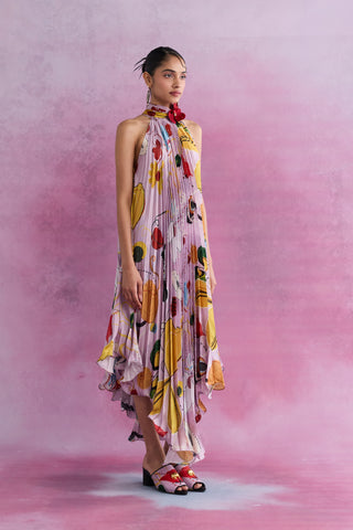 Shivan & Narresh FFlorain Pleated Flute Dress; Florain Print; Multicolor; Women Resort Wear; Holiday Wear;  Sleeveless Dress;