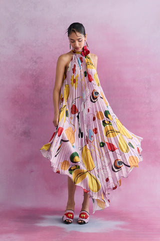 Shivan & Narresh FFlorain Pleated Flute Dress; Florain Print; Multicolor; Women Resort Wear; Holiday Wear;  Sleeveless Dress;