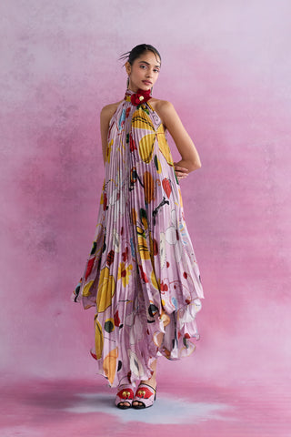 Shivan & Narresh FFlorain Pleated Flute Dress; Florain Print; Multicolor; Women Resort Wear; Holiday Wear;  Sleeveless Dress;