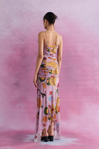 Shivan & Narresh Florain Ruched Aysmmetrical Dress; Florain Print; Multicolor; Women Resort Wear; Holiday Wear;  Sleeveless Dress;