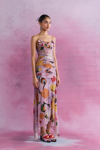 Shivan & Narresh Florain Ruched Aysmmetrical Dress; Florain Print; Multicolor; Women Resort Wear; Holiday Wear;  Sleeveless Dress;