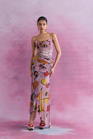 Shivan & Narresh Florain Ruched Aysmmetrical Dress; Florain Print; Multicolor; Women Resort Wear; Holiday Wear;  Sleeveless Dress;