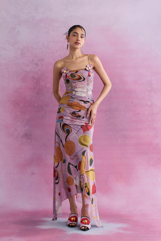Shivan & Narresh Florain Ruched Aysmmetrical Dress; Florain Print; Multicolor; Women Resort Wear; Holiday Wear;  Sleeveless Dress;