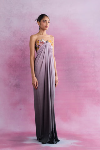 Shivan & Narresh Florain Draped Ombre Gown; Florain Print; Multicolor; Women Resort Wear; Holiday Wear; Embellised Dress; Tube dress;