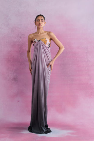 Shivan & Narresh Florain Draped Ombre Gown; Florain Print; Multicolor; Women Resort Wear; Holiday Wear; Embellised Dress; Tube dress;