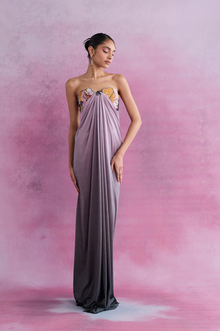 Shivan & Narresh Florain Draped Ombre Gown; Florain Print; Multicolor; Women Resort Wear; Holiday Wear; Embellised Dress; Tube dress;