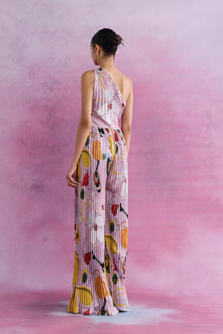 Shivan & Narresh Florain Pleated One-Shoulder Jumpsuit; Florain Print; Multicolor; Women Resort Wear; Holiday Wear; Printed Jumpsuit;