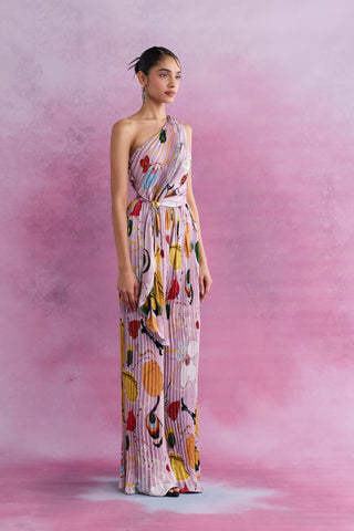 Shivan & Narresh Florain Pleated One-Shoulder Jumpsuit; Florain Print; Multicolor; Women Resort Wear; Holiday Wear; Printed Jumpsuit;
