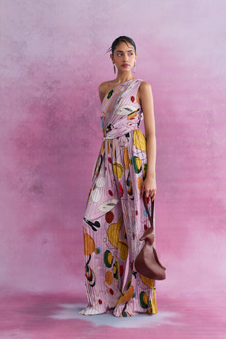 Shivan & Narresh Florain Pleated One-Shoulder Jumpsuit; Florain Print; Multicolor; Women Resort Wear; Holiday Wear; Printed Jumpsuit;