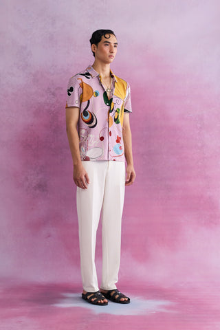 Shivan & Narresh Florain Resort Shirt; Florain Print; Pink color; Men's Resort Wear; Printed Shirt;