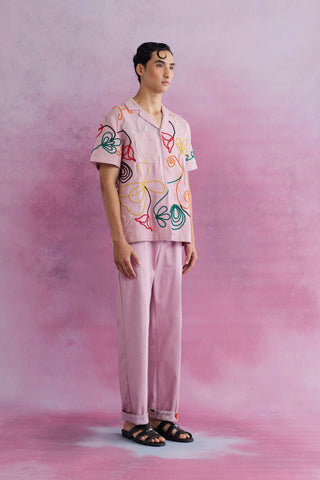 Shivan & Narresh Florain Cord Resort Shirt; Florain Print; Pink color; Men's Resort Wear; Men's Embroidered Shirt;