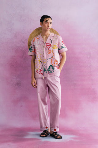 Shivan & Narresh Florain Cord Resort Shirt; Florain Print; Pink color; Men's Resort Wear; Men's Embroidered Shirt;