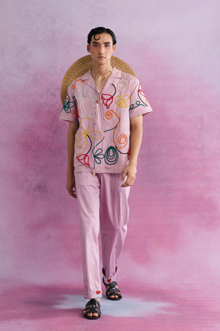 Shivan & Narresh Florain Cord Resort Shirt; Florain Print; Pink color; Men's Resort Wear; Men's Embroidered Shirt;