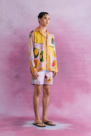 Shivan & Narresh Florain Swirl Twill Silk Shirt; Florain Print; Pink color; Men's Resort Wear;