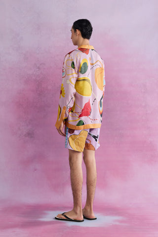 Shivan & Narresh Florain Swirl Twill Silk Shirt; Florain Print; Pink color; Men's Resort Wear;