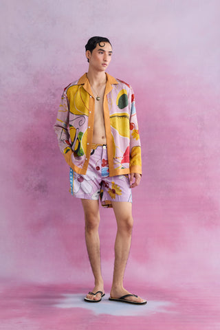 Shivan & Narresh Florain Swirl Twill Silk Shirt; Florain Print; Pink color; Men's Resort Wear;