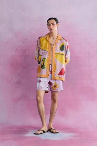 Shivan & Narresh Florain Swirl Twill Silk Shirt; Florain Print; Pink color; Men's Resort Wear;