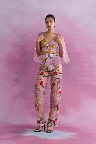 Shivan & Narresh Blush Rosaire Cape;  Florain Print; Pink color; Women Resort Wear; Free Size; Cover-up