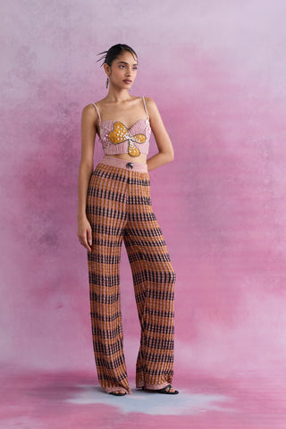 Shivan & Narresh Blush Waffle Knitted Trousers; Florain Print; Multicolor; Women Resort Wear; Knitted Trousers; 