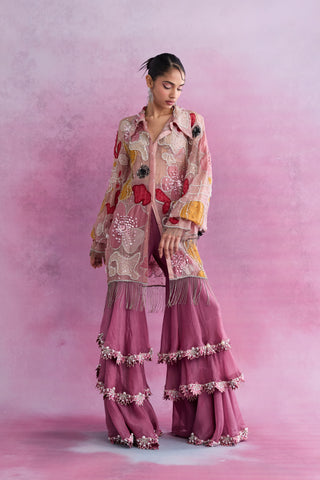 Shivan & Narresh Blush Fleur Embellished Shirt with Tiered Palazzos; Florain Print; Multicolor; Women Ethnic Wear; Pre-stitched Sharara Set