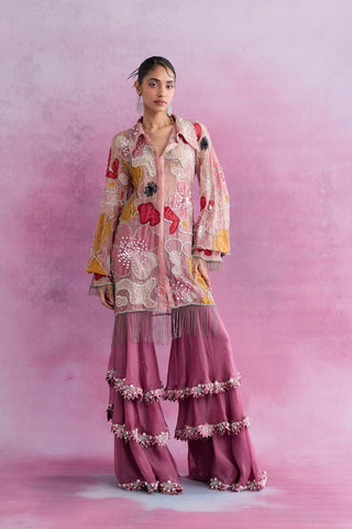 Shivan & Narresh Blush Fleur Embellished Shirt with Tiered Palazzos; Florain Print; Multicolor; Women Ethnic Wear; Pre-stitched Sharara Set