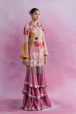Shivan & Narresh Blush Fleur Embellished Shirt with Tiered Palazzos; Florain Print; Multicolor; Women Ethnic Wear; Pre-stitched Sharara Set