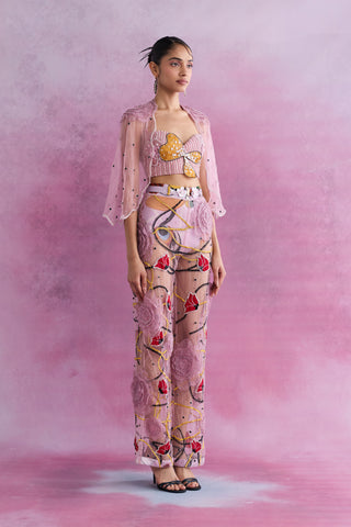 Shivan & Narresh Florain Sheer Embellished Trousers with Belt; Florain Print; Multicolor; Women Resort Wear; Embroidered Trousers; Pink Colour; 