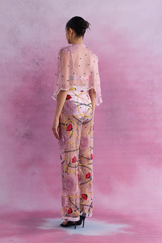 Shivan & Narresh Florain Sheer Embellished Trousers with Belt; Florain Print; Multicolor; Women Resort Wear; Embroidered Trousers; Pink Colour; 