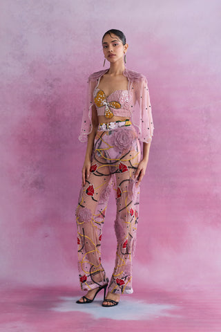 Shivan & Narresh Florain Sheer Embellished Trousers with Belt; Florain Print; Multicolor; Women Resort Wear; Embroidered Trousers; Pink Colour; 