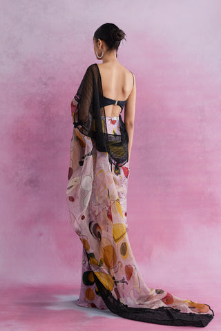 Shivan & Narresh Florain CrysMesh Tailored Sari with Ebony Beadwork Blouse; Multicolor; Florain Print; Women Ethnic Wear; Pre-draped Sari; Black Blouse;