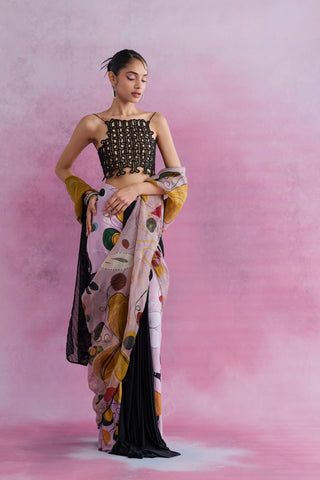 Shivan & Narresh Florain CrysMesh Tailored Sari with Ebony Beadwork Blouse; Multicolor; Florain Print; Women Ethnic Wear; Pre-draped Sari; Black Blouse;