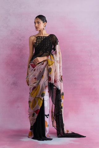 Shivan & Narresh Florain CrysMesh Tailored Sari with Ebony Beadwork Blouse; Multicolor; Florain Print; Women Ethnic Wear; Pre-draped Sari; Black Blouse;