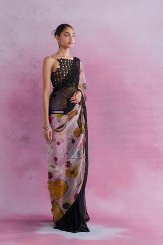 Shivan & Narresh Florain CrysMesh Tailored Sari with Ebony Beadwork Blouse; Multicolor; Florain Print; Women Ethnic Wear; Pre-draped Sari; Black Blouse;