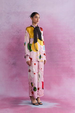 Floral Swirl Satin Shirt with Bow